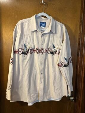 Wrangler Western Shirt XXL Beige with Rodeo Bull Print